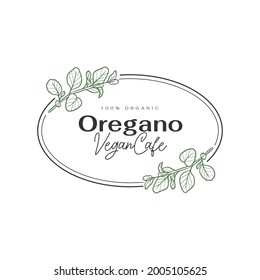 Plantilla de logotipo de comida de Oregano. Ilustraciones dibujadas a mano para restaurantes, bares, comida vegana, saludable y orgánica, mercado, mercado de agricultores, escuela de cocina, food truck, servicio de entrega.