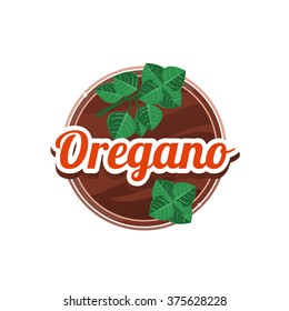 Oregano Spice. Decorative Vector Illustration. Stickers with wooden texture and names of spices