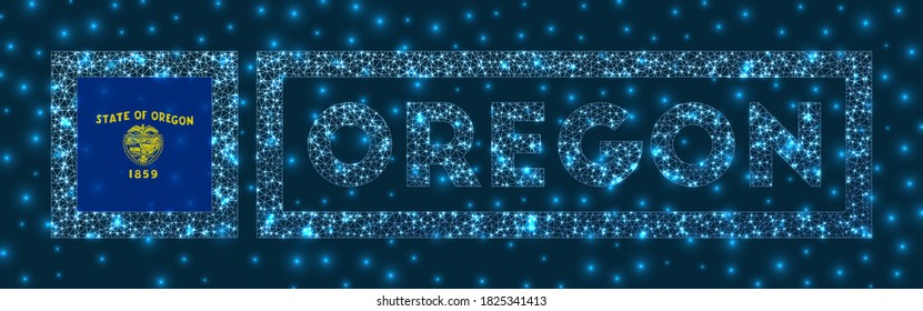 Oregon badge. Flag of Oregon in glowing network geometric style. Classy vector illustration.