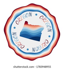 Oregon badge. Map of the us state with beautiful geometric waves and vibrant red blue frame. Vivid round Oregon logo. Vector illustration.