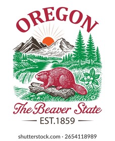 Oregon O Estado do castor - Estados Unidos Estado Cityscape T-shirt Vetor, Ícones americanos de referência, Vintage Estados Cityscape Camisa, Retro Travel City Art, Estados Citações de referência, Estado de férias ilustração