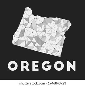 Oregon - communication network map of US state. Oregon trendy geometric design on dark background. Technology, internet, network, telecommunication concept. Vector illustration.