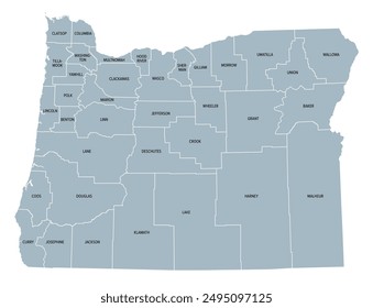 Oregon Countys, graue politische Karte mit Grenzen und County-Namen. Bundesstaat im Pazifischen Nordwesten der Vereinigten Staaten, unterteilt in 36 Countys. Spitzname: The Beaver State. Illustration