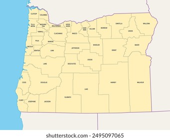 Oregon Countys, politische Karte mit Grenzen und County-Namen. Bundesstaat im Pazifischen Nordwesten der Vereinigten Staaten, unterteilt in 36 Countys. Spitzname: The Beaver State. Illustration Vektorgrafik