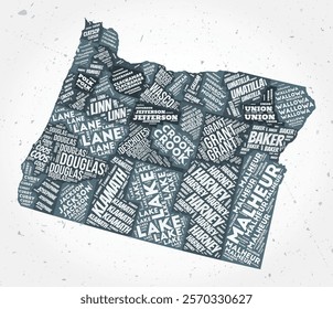 Oregon counties word clouds. State shape on textured background. Oregon design in typographic style. Artistic vector illustration.