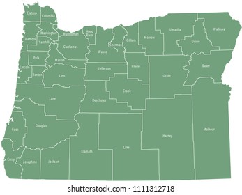Oregon county map vector outline green background. Map of Oregon state of USA with borders and counties names labeled
