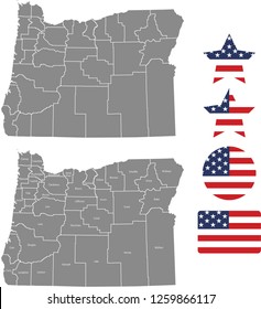 Oregon county map vector outline in gray background. Oregon state of USA map with counties names labeled and United States flag icon vector illustration designs