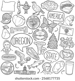 Oregon Doodle Icons Black and White Line Art. USA State Clipart Hand Drawn Symbol Design.