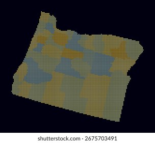 Oregon dotted map. Digital style map of the state on dark background. Oregon shape with square dots. Colored dots style. Small size squares. Modern vector illustration.
