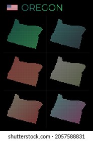 Oregon dotted map set. Map of Oregon in dotted style. Borders of the US state filled with beautiful smooth gradient circles. Astonishing vector illustration.