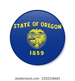 Oregon flag circle button icon, US state round badge with shadow. 3D realistic vector illustration isolated on white.