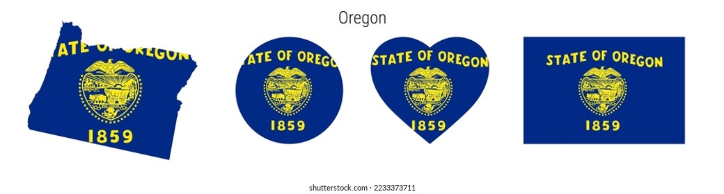 Conjunto de iconos de la bandera de Oregón. El Estado norteamericano está marcado por colores y proporciones oficiales. Rectangular, en forma de mapa, en círculo y en forma de corazón. Ilustración vectorial plana aislada en blanco.