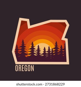 Oregon Forest with Retro Sunset Scenery Perfect for Print, Apparel, etc