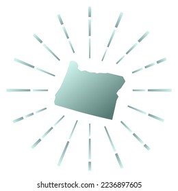 Oregon gradiented sunburst. Map of the US state with colorful star rays. Oregon illustration in digital, technology, internet, network style. Vector illustration.