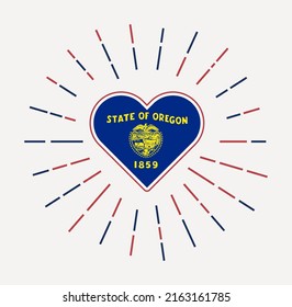 Oregon heart with flag of the US state. Sunburst around Oregon heart sign. Vector illustration.