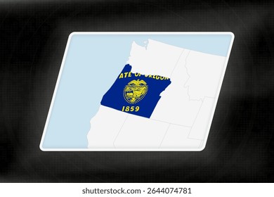 Oregon Highlighted in Flag Colors on Geographic Map. Modern Map on a dark abstract backdrop.