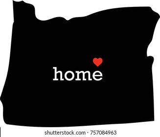 Oregon Home heart state, vector format. Red heart with white "Home" text over a black silhouette of the state of Oregon