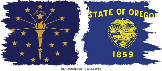 Oregon and Indiana states grunge brush flags connection, vector