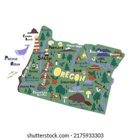 Ilustración vectorial plano de la infografía de Oregon. Mapa estatal estadounidense aislado. Rutas de viaje de Oregón, monumentos con nombres de ciudades que escriben clipartes de dibujos animados