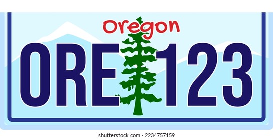 Oregon license plate, usa car registration number, vector illustration. American metal design, isolated on white. Automobile sign with hill, tree