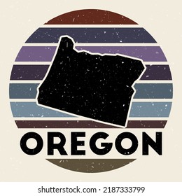 Oregon logo. Sign with the map of us state and colored stripes, vector illustration. Can be used as insignia, logotype, label, sticker or badge of the Oregon.