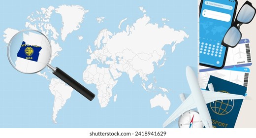 Oregon is magnified over a World Map, illustration with airplane, passport, boarding pass, compass and eyeglasses. Vector illustration.