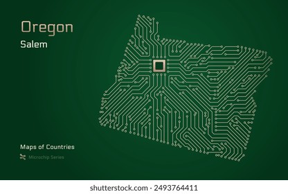 Oregon Map with a capital of Salem Shown in a Microchip Pattern. Silicon valley, E-government. United States vector maps. Microchip Series	
