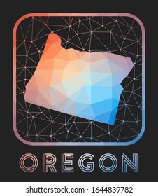 Oregon map design. Vector low poly map of the us state. Oregon icon in geometric style. The us state shape with polygnal gradient and mesh on dark background.