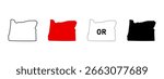 Oregon map icon set. Outline contour, red fill, OR dotted sign and black silhouette symbol. Pacific Northwest state pictogram. Salem capital location USA map illustration.
