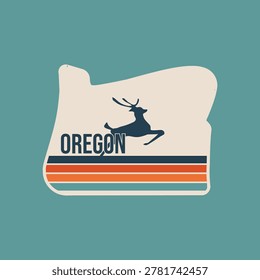 Oregon Map with Jump Deer and Retro Lines Perfect for Apparel, Shirt, etc