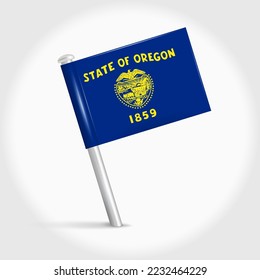 Oregon map pin flag icon. Pennant map marker on a metal needle. 3D realistic vector illustration.