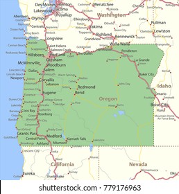 Oregon map. Shows state borders, urban areas, place names, roads and highways.
Projection: Mercator.