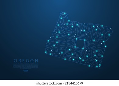 Oregon Map - United States of America Map vector with Abstract futuristic circuit board. High-tech technology mash line and point scales on dark background - Vector illustration ep 10 
