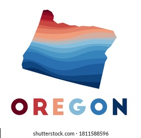 Oregon map. Map of the us state with beautiful geometric waves in red blue colors. Vivid Oregon shape. Vector illustration.