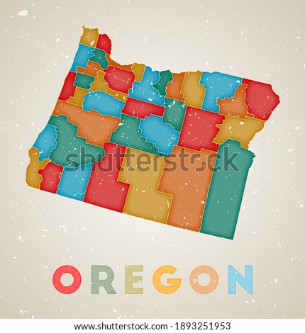Oregon map. US state poster with colored regions. Old grunge texture. Vector illustration of Oregon with US state name.