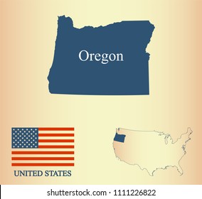 Oregon map vector outline. USA map and flag. 