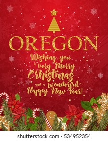Oregon Marry Christmas and a Happy New Year greeting vector card on red background with snowflakes.
