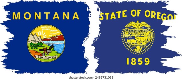 Oregon and Montana states grunge brush flags connection, vector