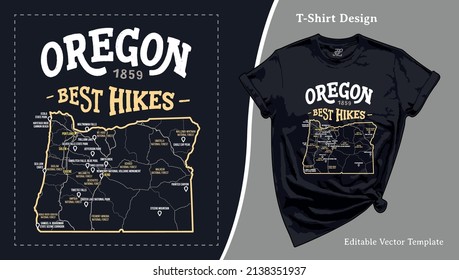 Oregon National Park Trails Map T-Shirt Design. T shirt Template With a Map of National Parks, Local Attractions, Hiking and Camping Routes for POD Tee, Apparel, Clothing, SVG and Screen Print