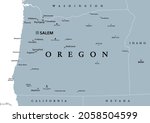 Oregon, OR, gray political map, with the capital Salem and borders. State in the Pacific Northwest region of the Western United States of America, nicknamed The Beaver State. Illustration. Vector.