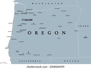Oregon, OR, gray political map, with the capital Salem and borders. State in the Pacific Northwest region of the Western United States of America, nicknamed The Beaver State. Illustration. Vector.