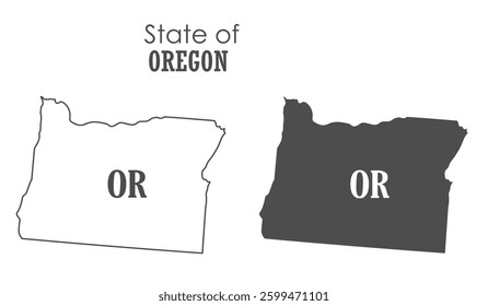 Oregon. The outline and silhouette of the state with the abbreviated abbreviation of the name. The state border. A template for the design of printed products
