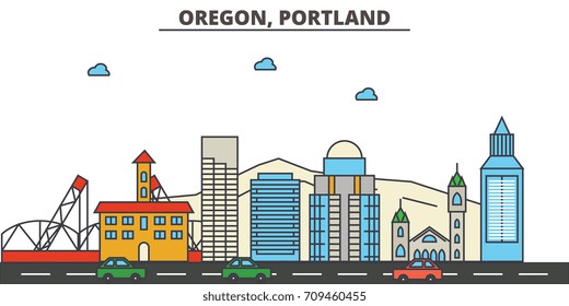 Oregon, Portland.City skyline: architecture, buildings, streets, silhouette, landscape, panorama, landmarks, icons. Editable strokes. Flat design line vector illustration concept.