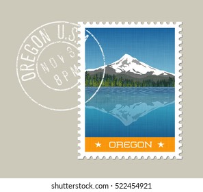 Oregon, Postage Stamp Design. 
Vector Illustration Of Mt. Hood Behind Lake With Reflection. Grunge Postmark On Separate Layer