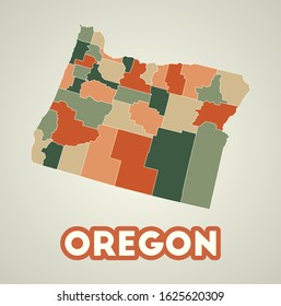 Oregon poster in retro style. Map of the us state with regions in autumn color palette. Shape of Oregon with us state name. Appealing vector illustration.