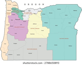 Oregon regions map with counties. Colored. Vectored