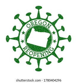 Oregon Reopening Stamp. Green round badge of US state with map of Oregon. US state opening after lockdown. Vector illustration.