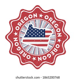 Oregon round grunge stamp with US state map and country flag. Vintage badge with circular text and stars, vector illustration.