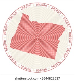 Oregon round logo design. State shape built of rings. Oregon text around the state. Vector illustration.