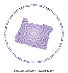 Oregon round logo. Digital style shape of Oregon in a dotted circle with the state name. Tech icon of the US state with gradient dots. Elegant vector illustration.